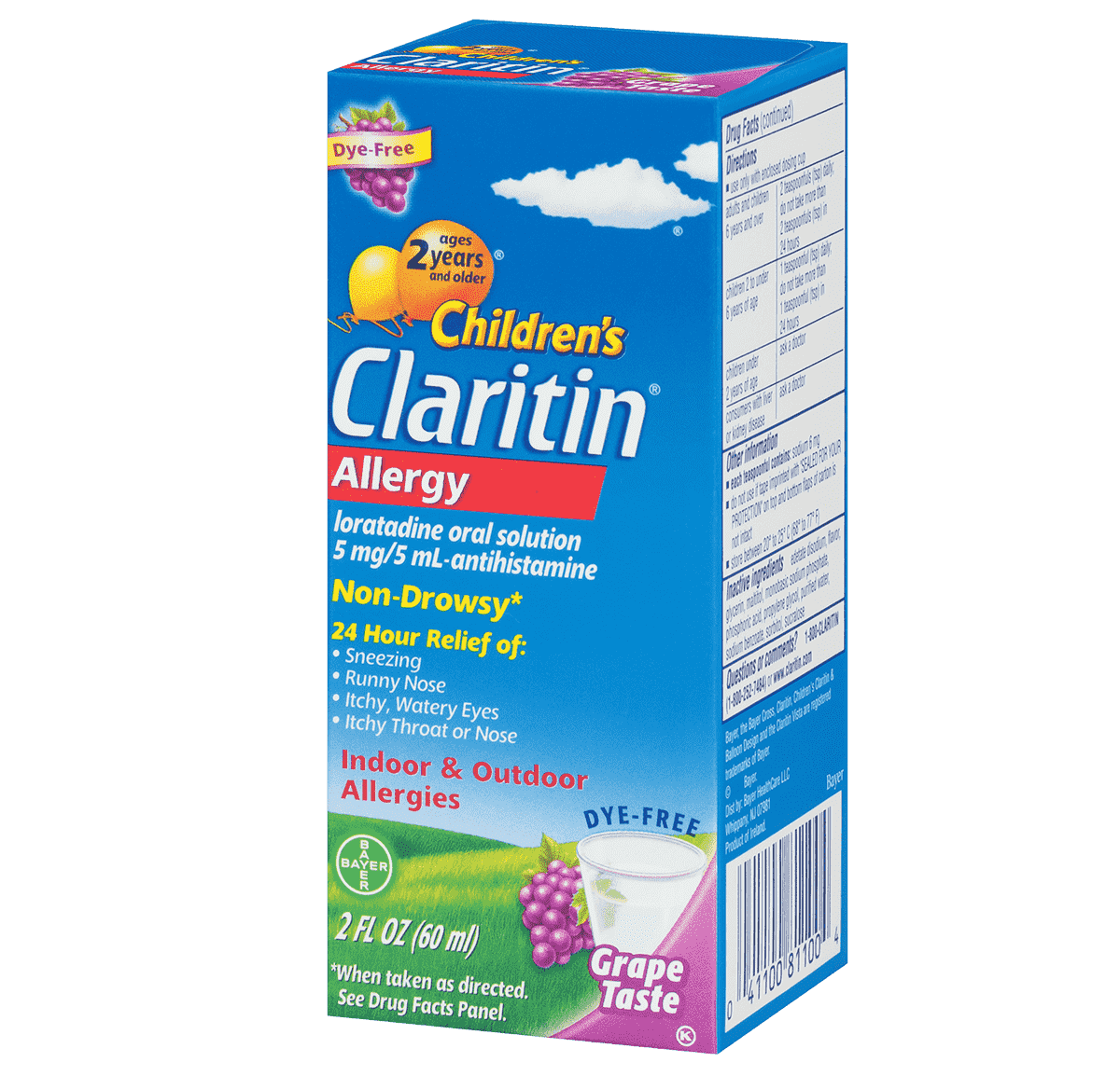 angled view of children’s Claritin syrup 24-Hour package, grape taste