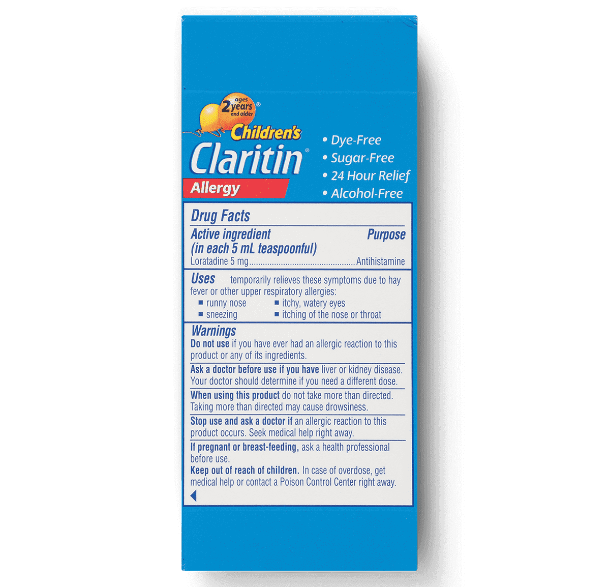 reverse view of children’s Claritin syrup 24-Hour package, grape taste