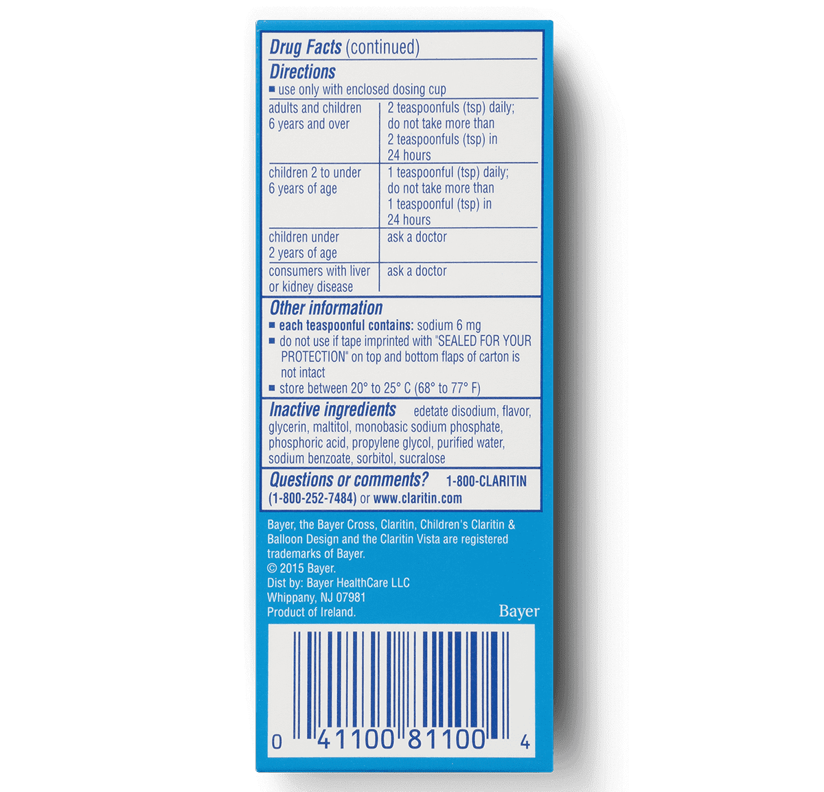 side view of children’s Claritin syrup package, grape taste