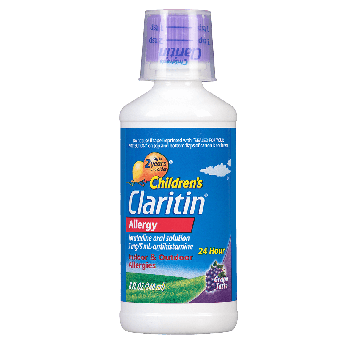 a bottle of children’s Claritin syrup 24-Hour, grape flavored