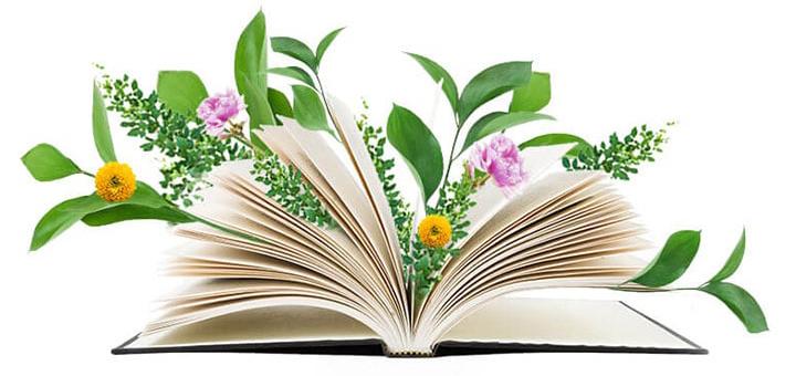 open book wreathed in flowers